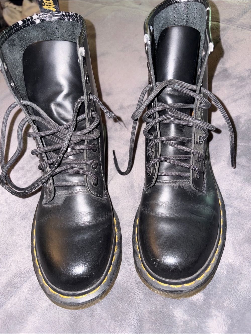 Authentic Dr. Martens Black Leather Combat Boots with Yellow Stitching